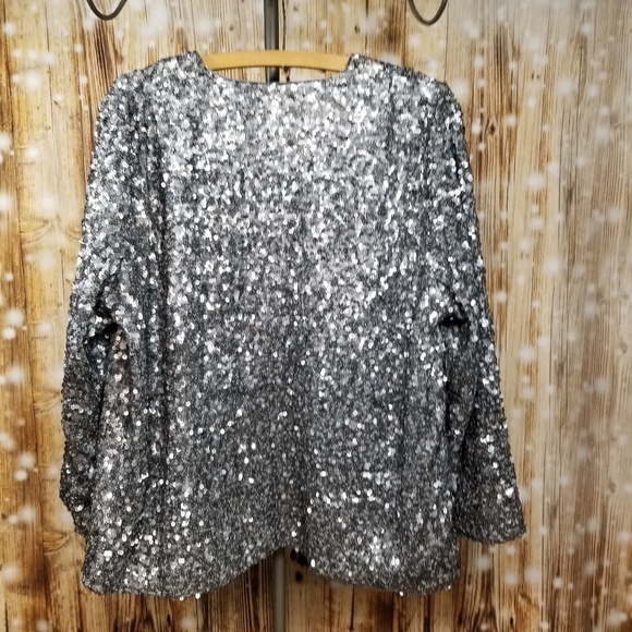 NEW!! Chico's Travelers Gray Sequin Women's Sz. 16/18 Open Front Blazer - Picture 2 of 7